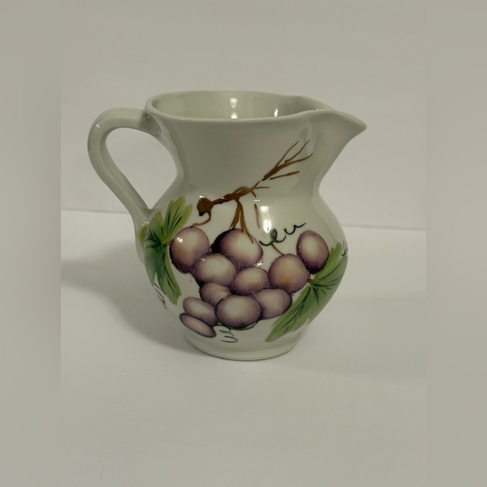 Italian Pottery Vase Pitcher White w/ Hand Painted Grape Design Signed | Vintage